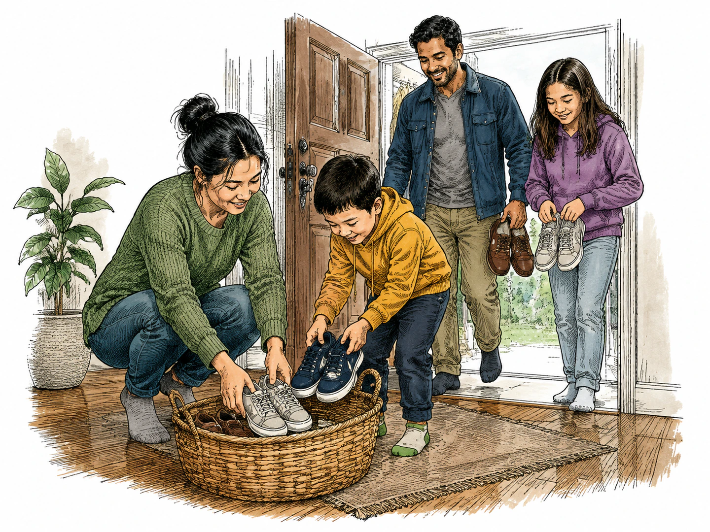 At a home doorway, a parent begins a new routine by placing shoes in a basket and guiding a child to do the same; arriving family members follow the example in one moment.