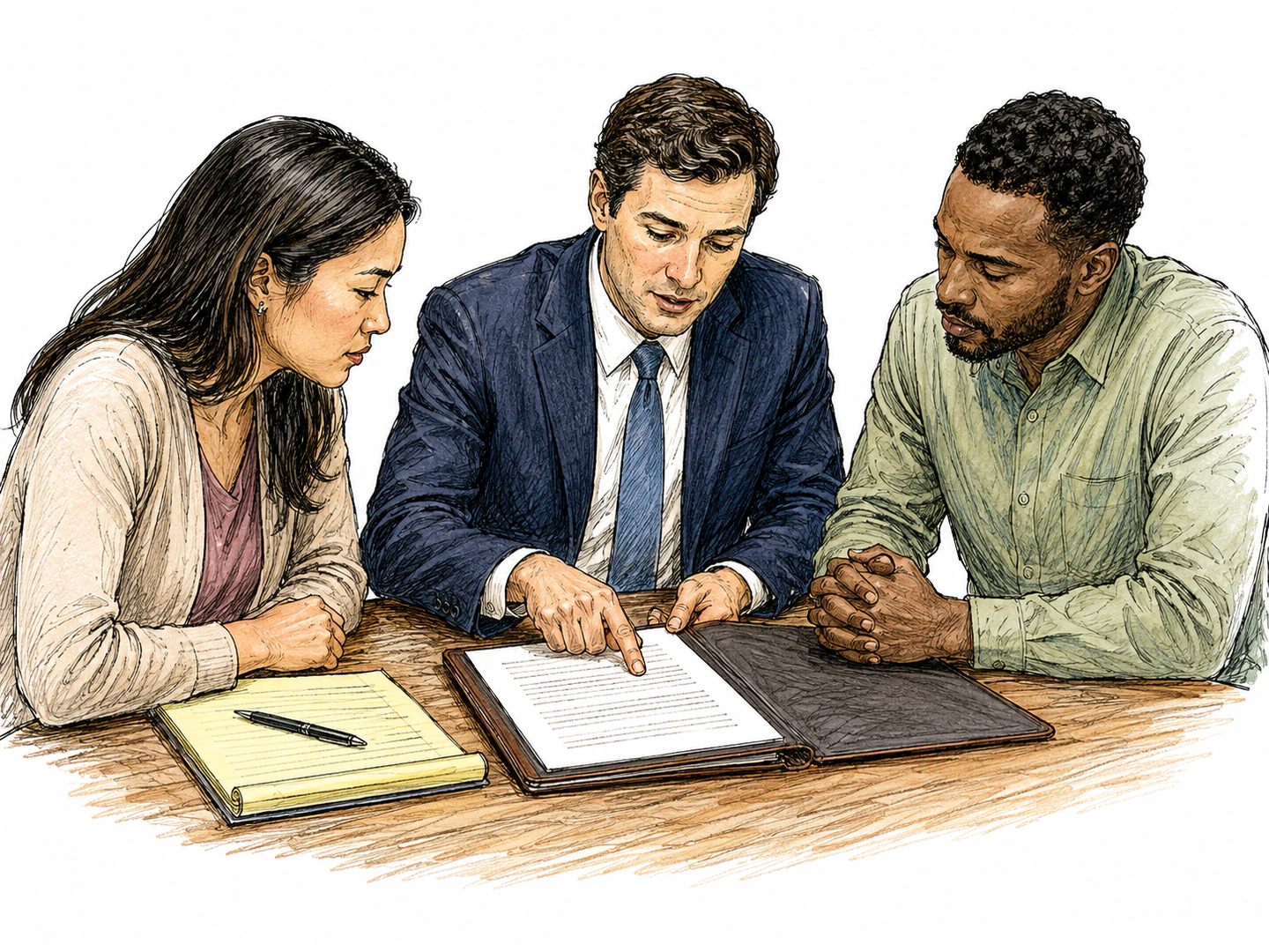 At a signing table, a lawyer taps a specific page inside an open folder while everyone discusses only the matter contained within that same document.