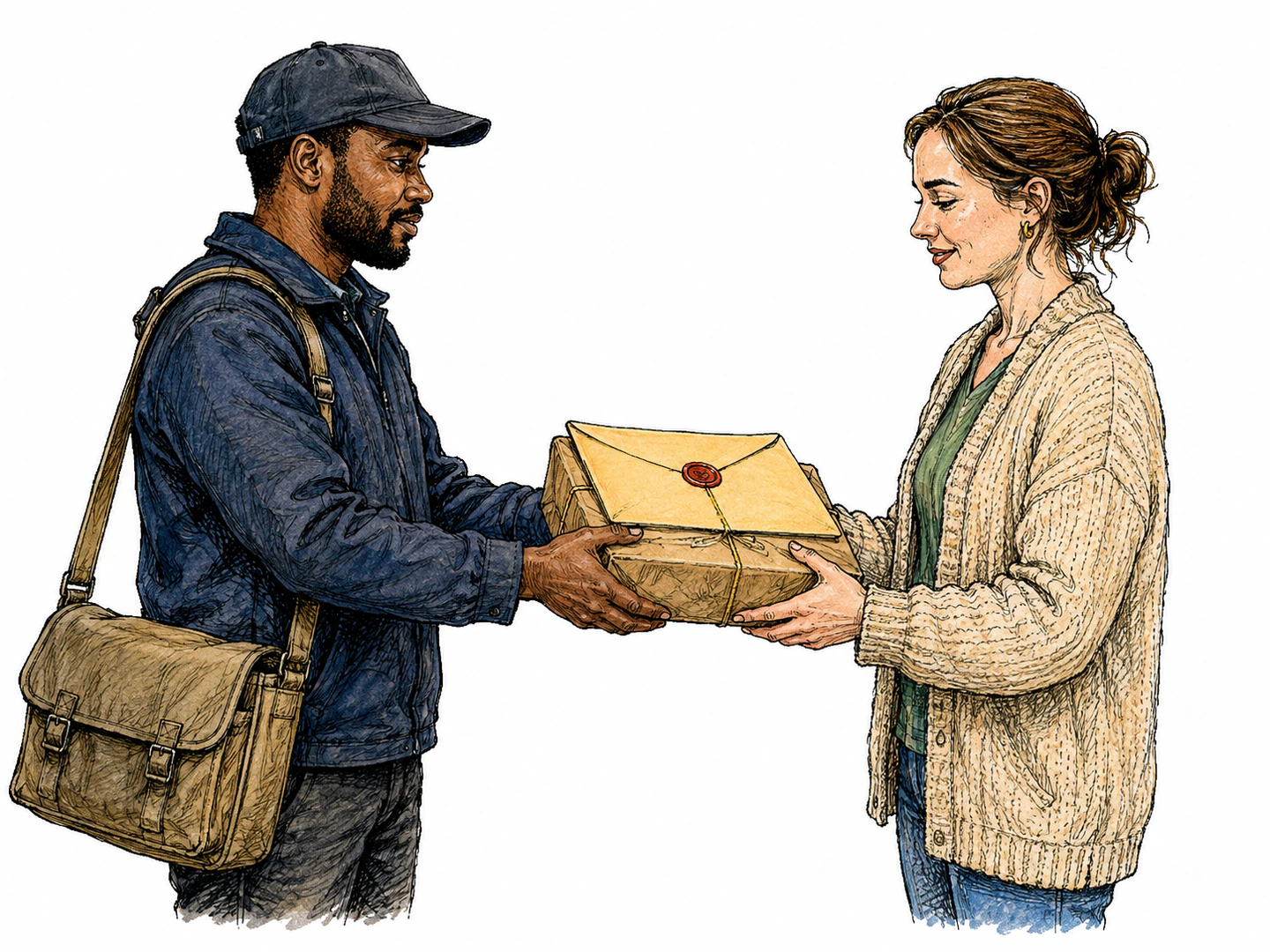 A messenger delivers a sealed statement and an attached parcel together into the recipient's hands as one combined submission.