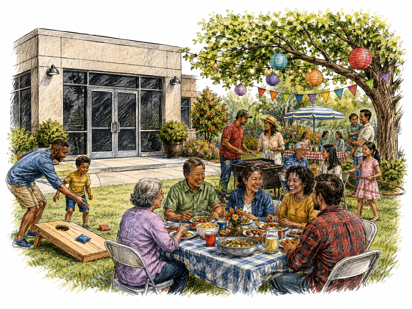 An office sits closed while families gather outdoors with decorations, food, and relaxed games on a shared day off.