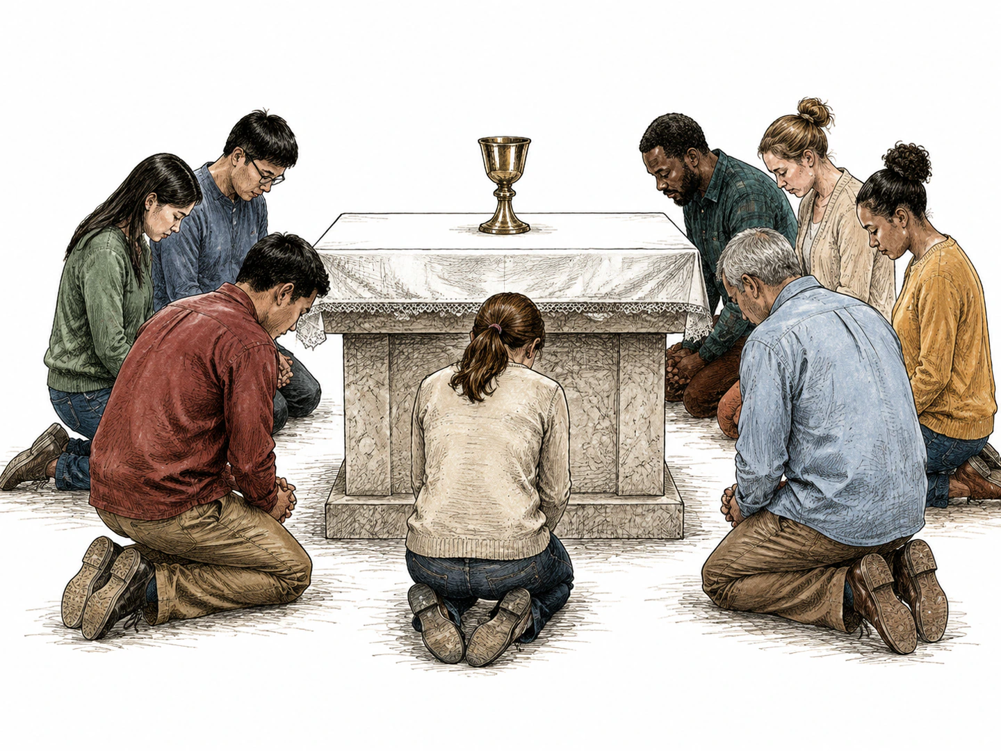 Worshippers kneel around a single cup placed apart on an altar, showing an object set aside for religious devotion.