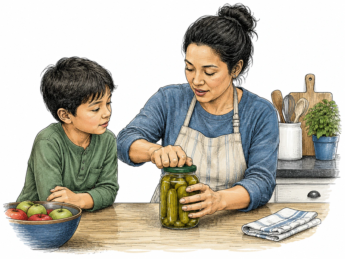 At a kitchen counter, a child watches an adult demonstrate each hand motion for opening a jar, showing that the child is learning by what means it is done.