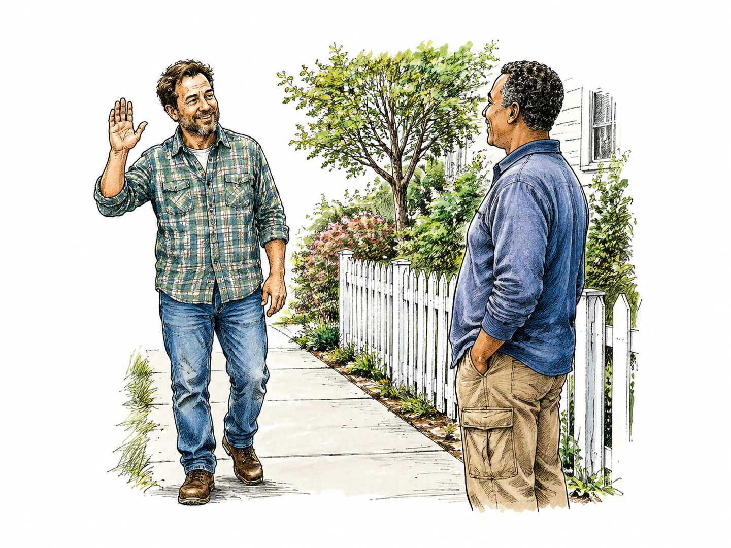 Two neighbors meet on a sidewalk and smile warmly as one raises a hand in an informal greeting.