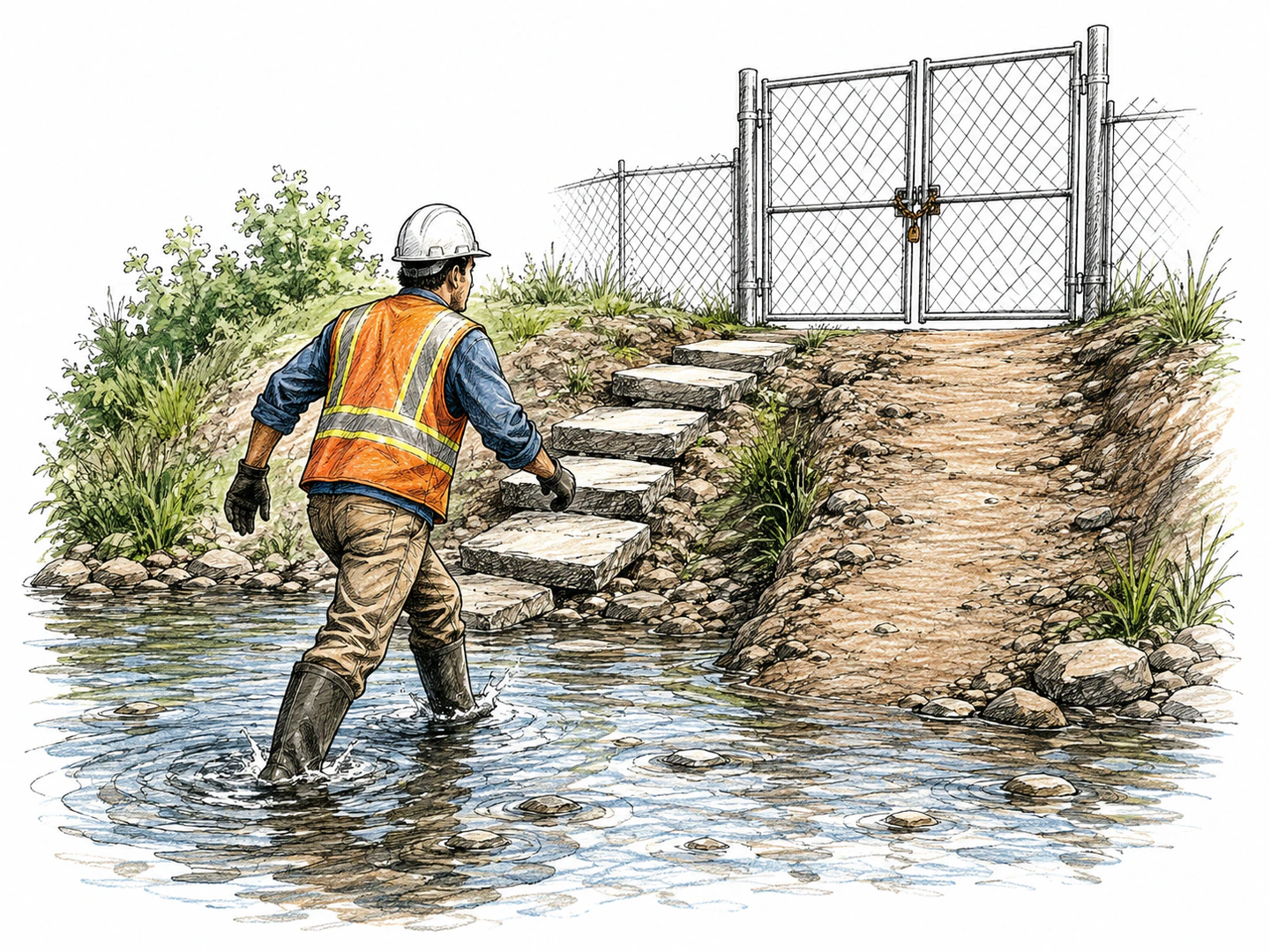 At a worksite, a determined worker reaches a locked gate by wading through shallow water while nearby dry stepping stones and a low climbable bank show other possible approaches; one worker, one instant.