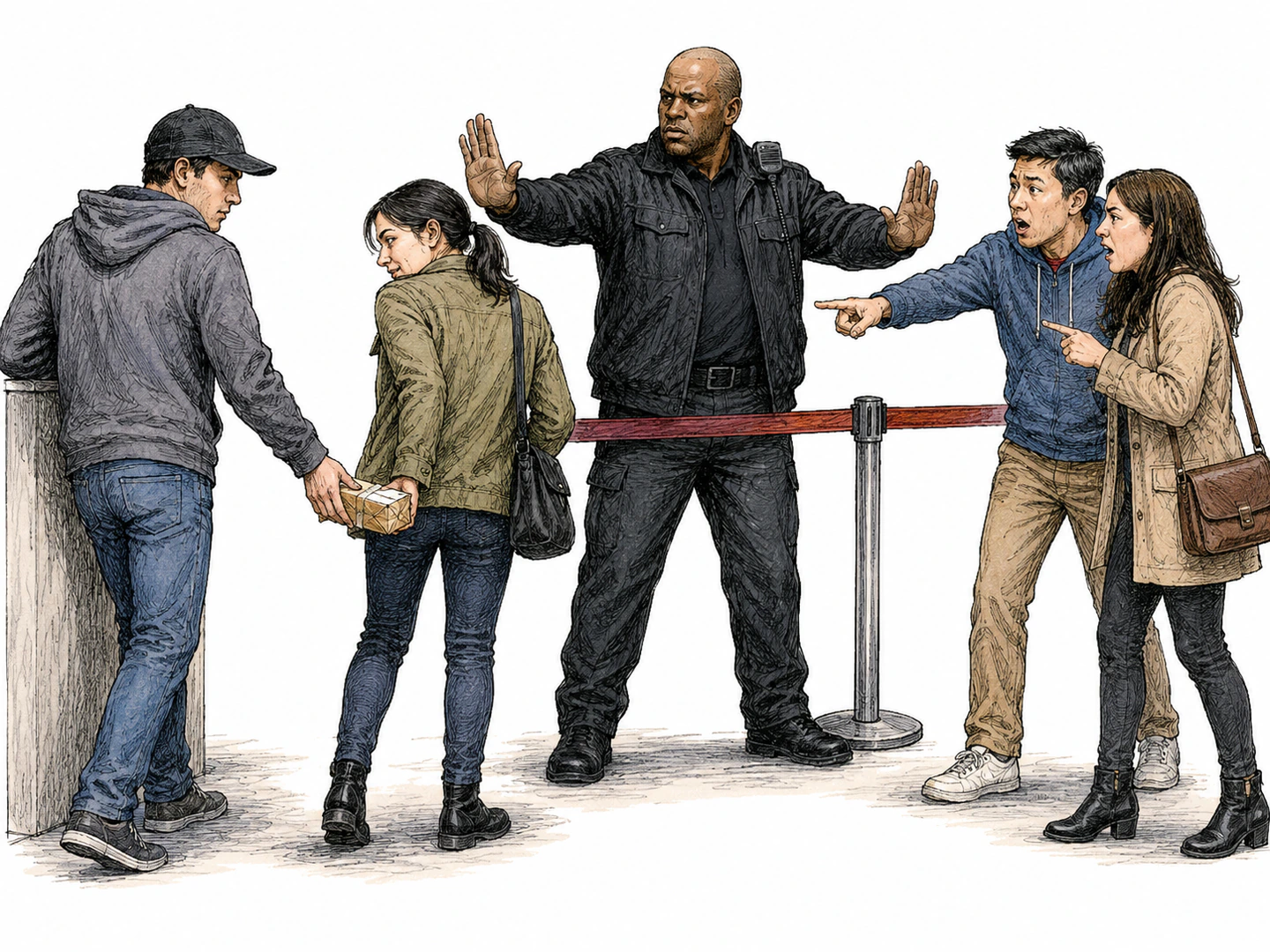 A person secretly exchanges a hidden package while a guard blocks the area and others point out that the act is forbidden by the rules.