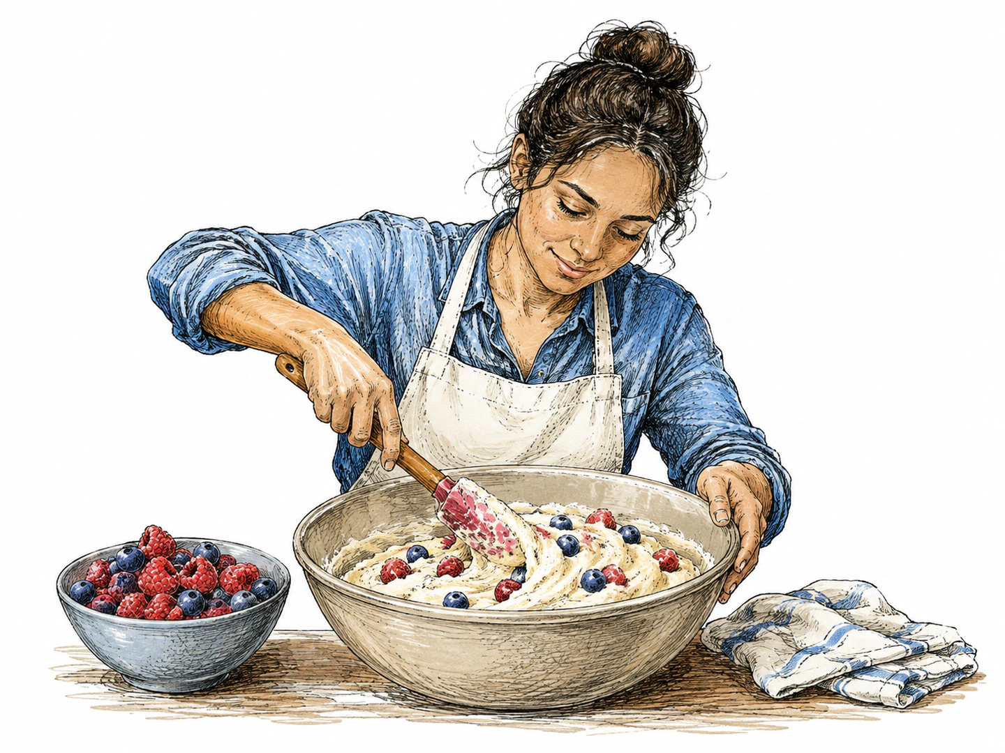 A baker folds bright berries into a larger bowl of batter until the separate pieces become part of the whole mixture.