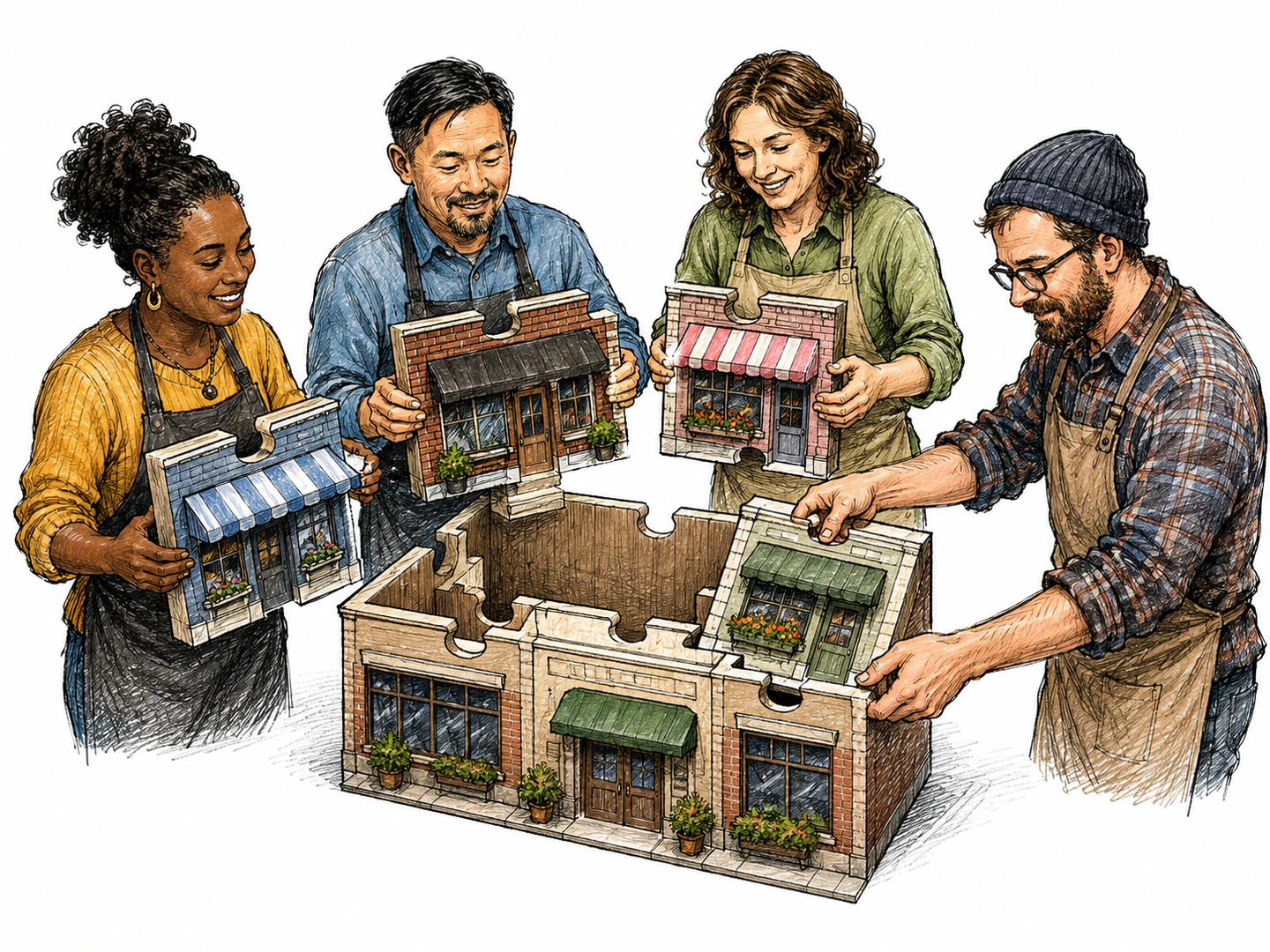 Several shop owners join their separate storefront models into one shared company model while one owner places the last piece inside the whole.