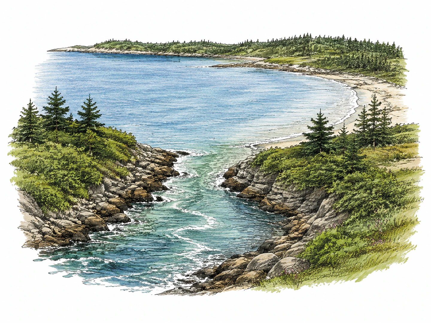 Along a coastline, seawater from a broad bay flows through a narrow opening between two land edges into a sheltered inner channel.
