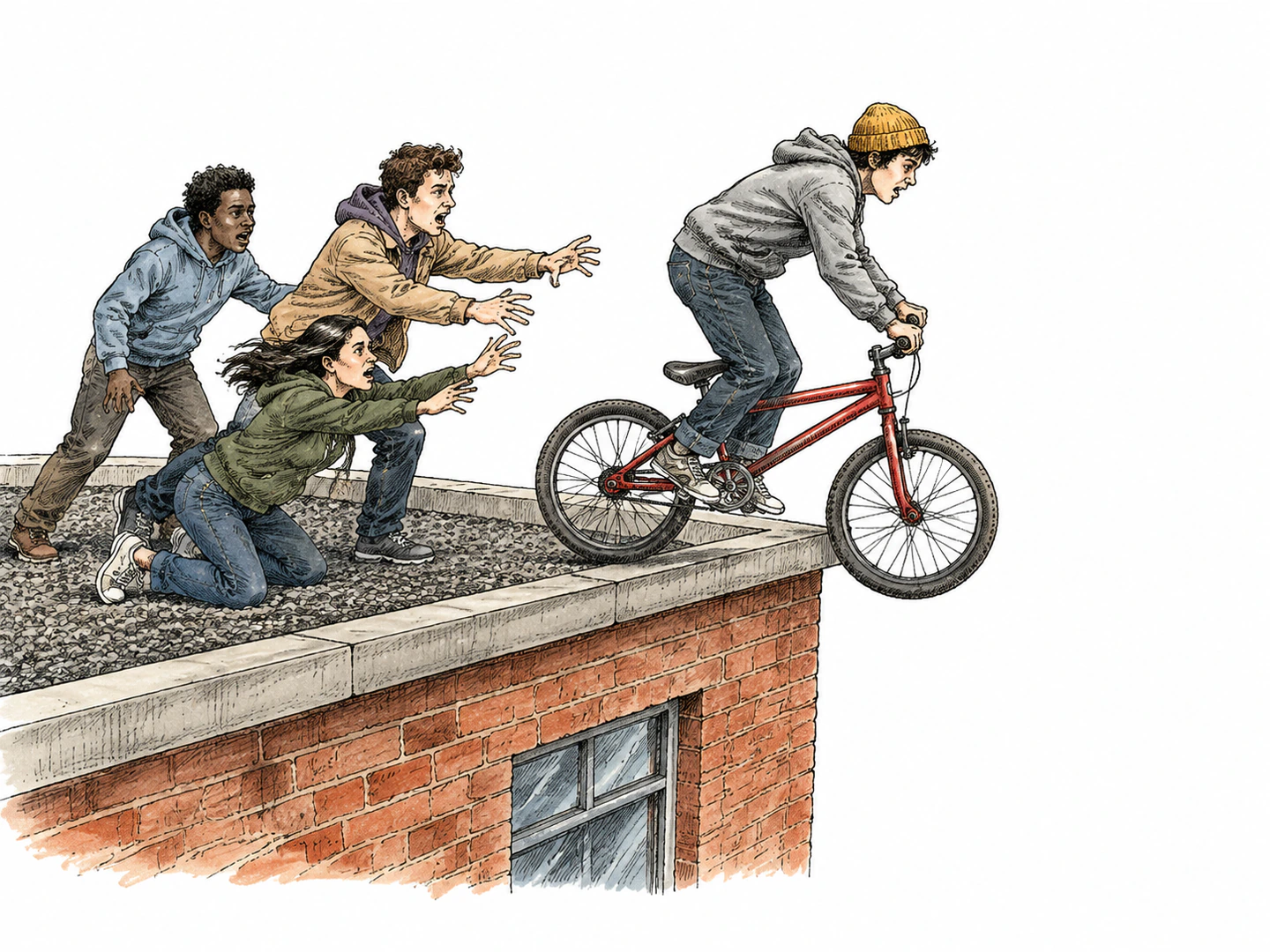 A person tries to launch a bicycle off a rooftop with no landing place while shocked friends reach out to stop the dangerously irrational act.