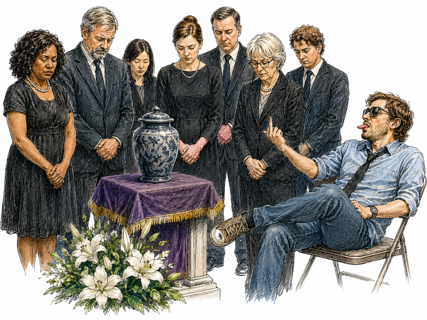During a solemn ceremony, one attendee lounges casually and makes a mocking gesture toward the honored object while everyone else stands respectfully.