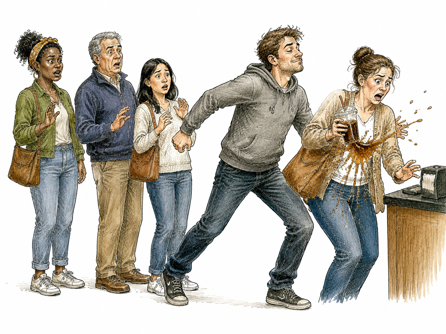 A rude person shoves ahead of a waiting line and spills another customer’s drink while others recoil from the contemptible behavior.