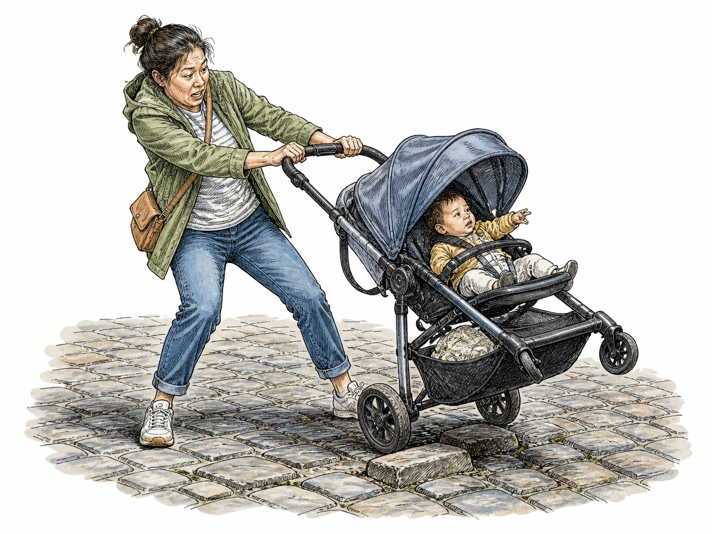 A person struggles to steer a stroller across uneven cobblestones; one wheel catches and lifts abruptly while the handle jolts in their hands, showing uneven motion in one instant.