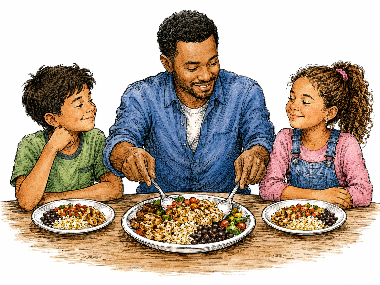 A mediator divides a shared meal equally between two arguing children while both receive the same amount and relax with satisfied expressions.