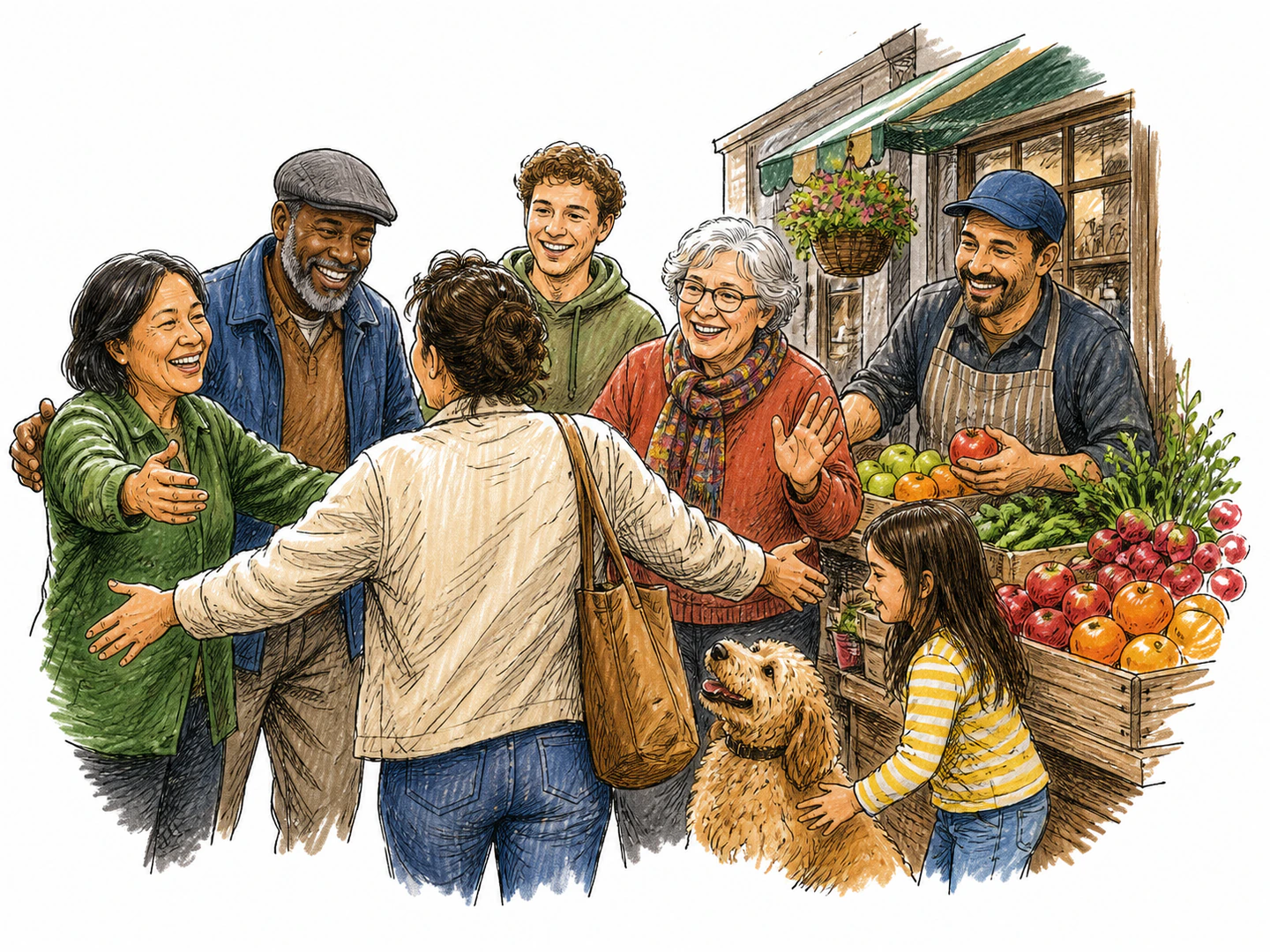 A person is warmly greeted by neighbors, friends, and familiar shopkeepers in a small community gathering, showing the people they know around them.