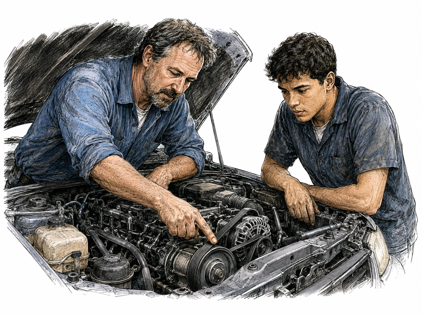 A mechanic recognizes the loose belt causing an engine problem from experience and points directly to it while an apprentice watches.