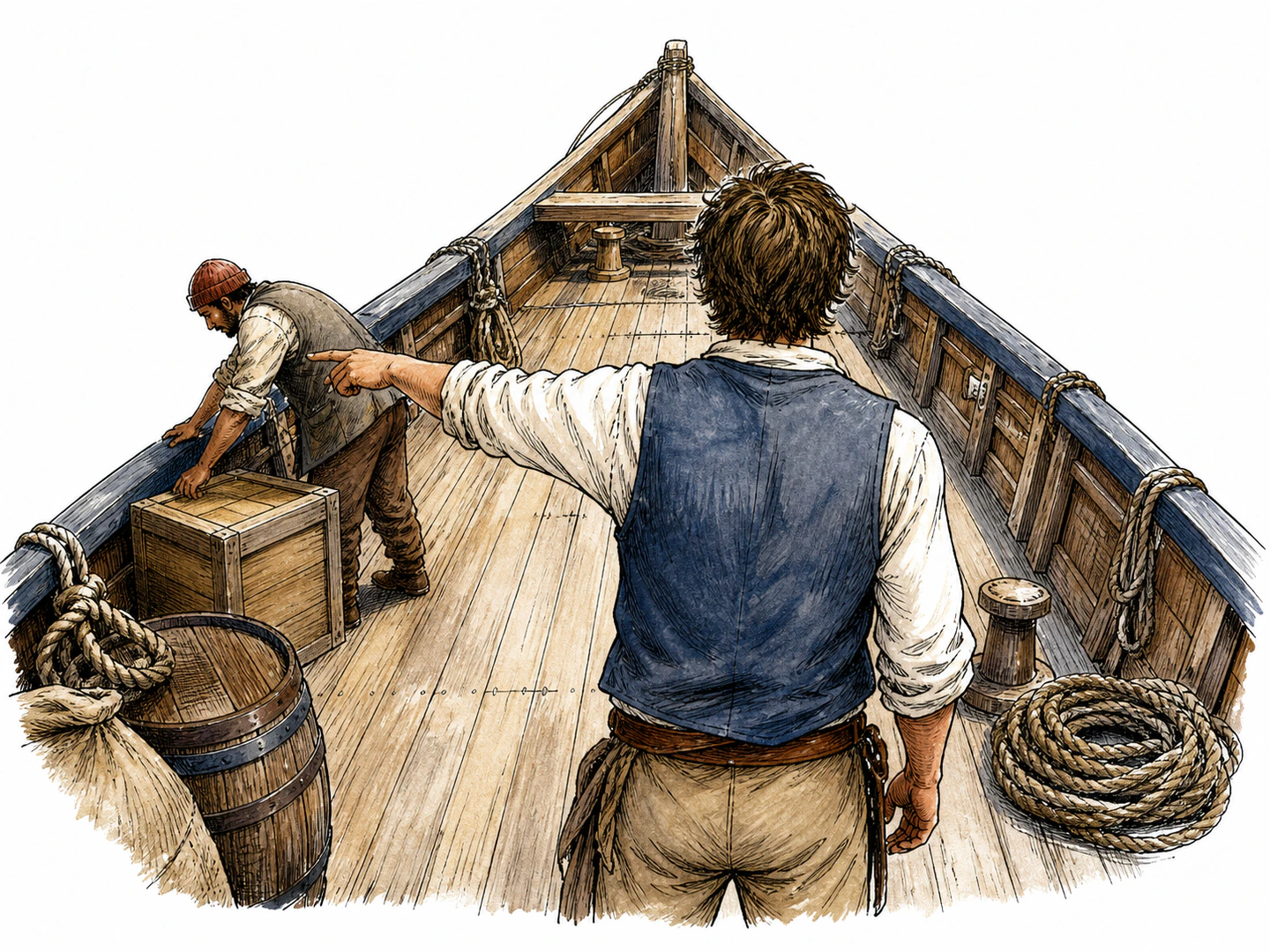 View from behind a sailor on a wooden ship, looking FORWARD toward the pointed bow at the TOP of the image. His back faces us. His LEFT arm extends horizontally toward the LEFT rail on the LEFT of the picture, where another crew member loads a plain crate. Bow clearly narrows to a point ahead; no stern wheel.