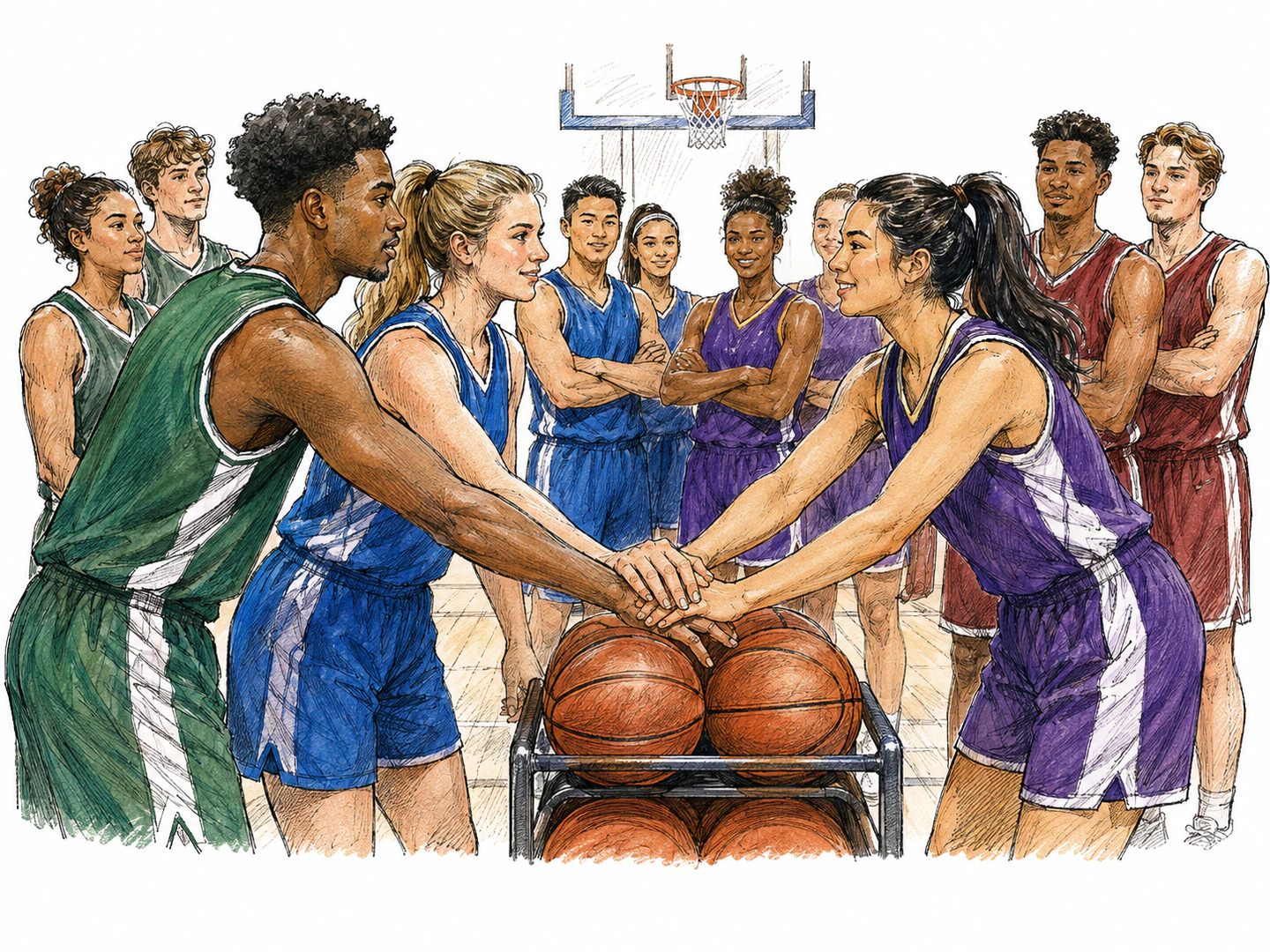 In a gym, captains from several teams clasp hands around shared equipment while their teammates gather behind them for the same tournament.