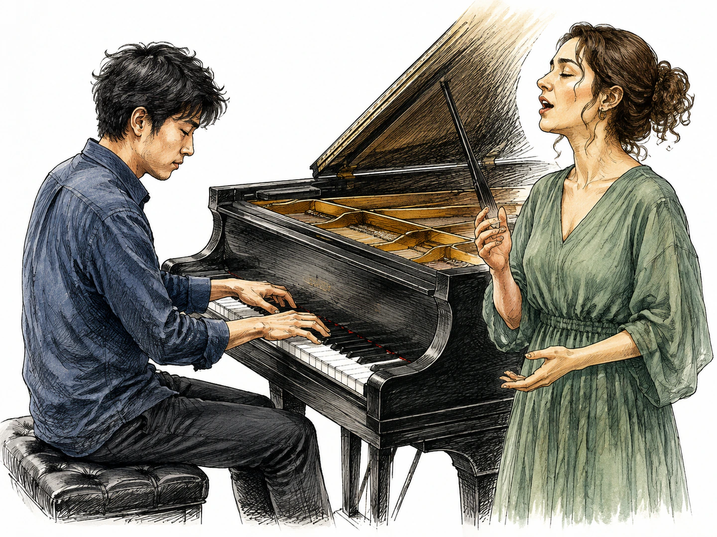At a piano, a musician moves smoothly from key to key without lifting the hand sharply while a singer beside the instrument carries one flowing phrase without breaks.
