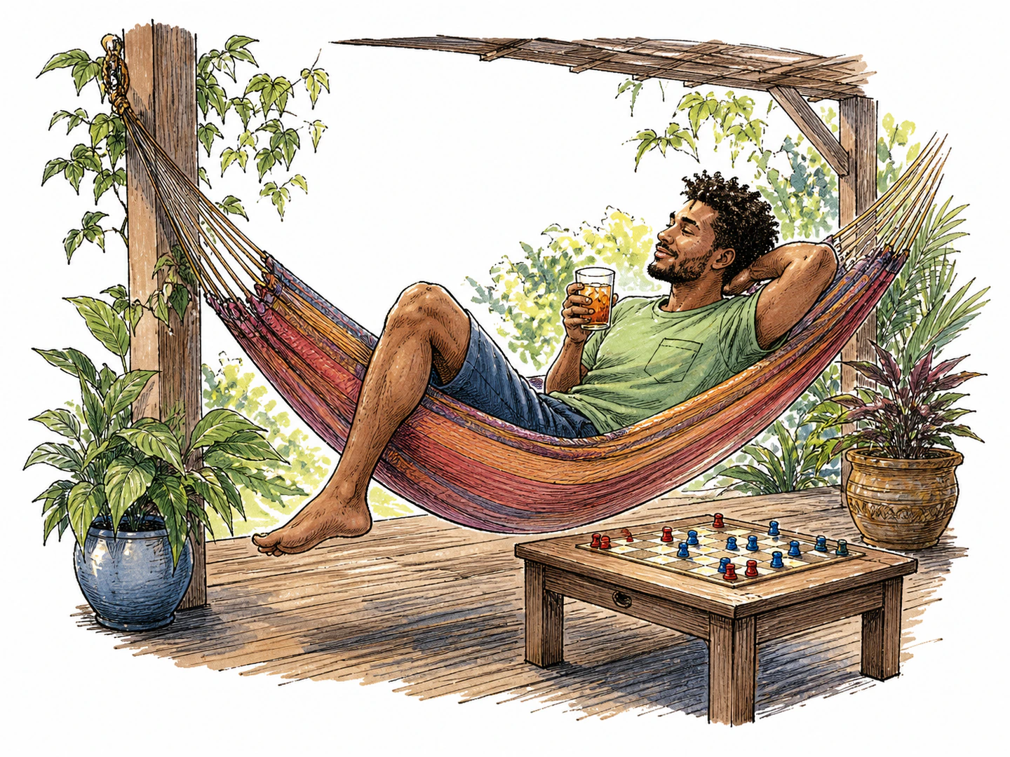 After finishing work, a person rests in a hammock with a drink and a game nearby, using free time for enjoyment.