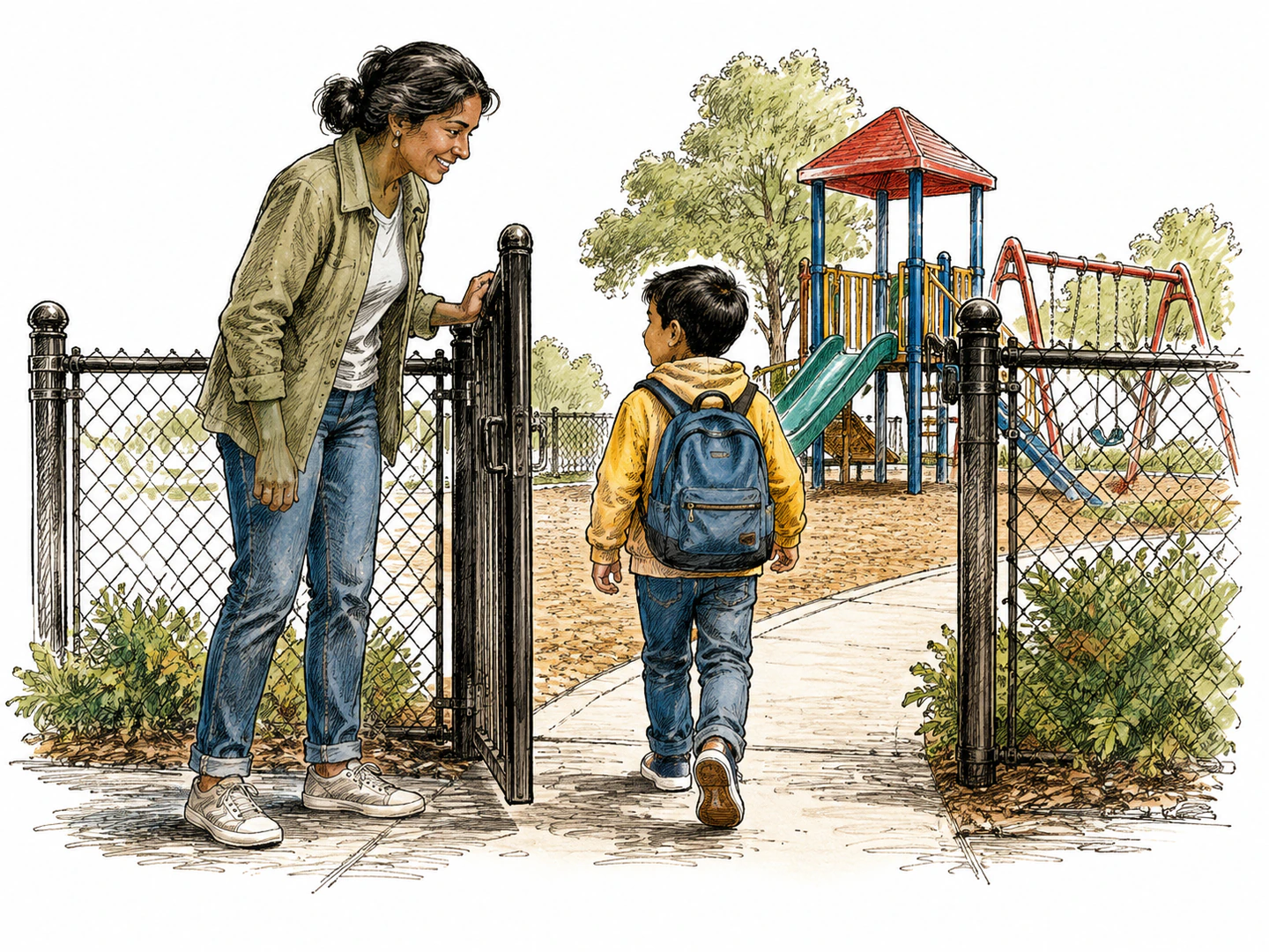 A parent opens a gate and steps aside so a child can enter the playground.