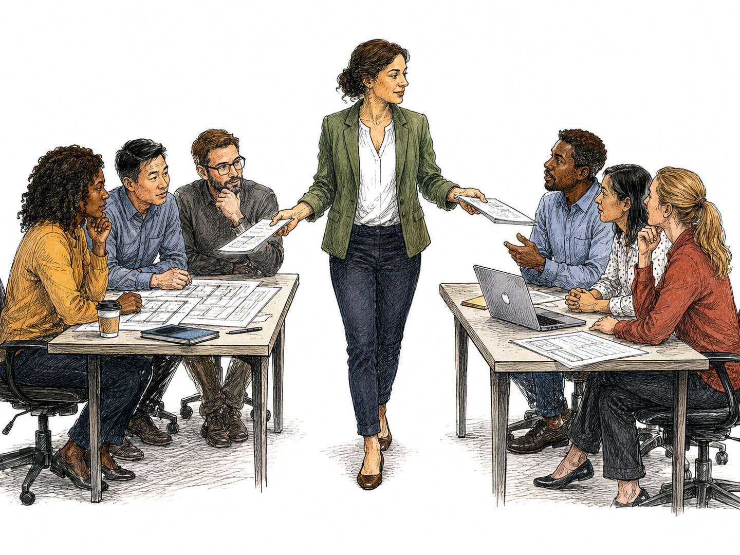 A mediator stands between two separate project teams, carrying requests back and forth until both groups cooperate on the same task.