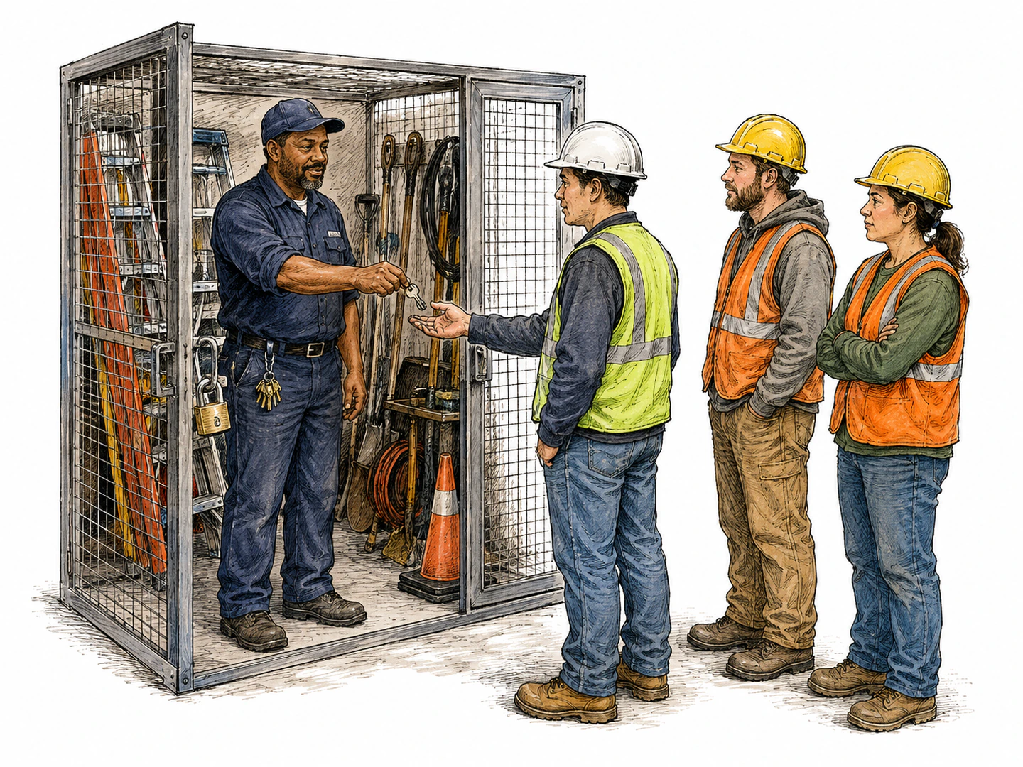 A uniformed clerk unlocks a gated equipment stall and hands a key to one approved worker while others remain outside the barrier, showing official permission to use something otherwise restricted.