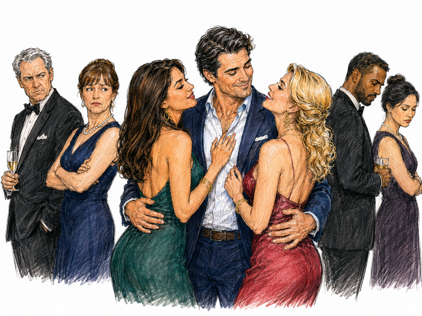 At an elegant adult party, one fully clothed adult flirtatiously embraces two willing adult partners at once, while formally dressed adult onlookers turn away in disapproval; non-explicit social behavior, no nudity.