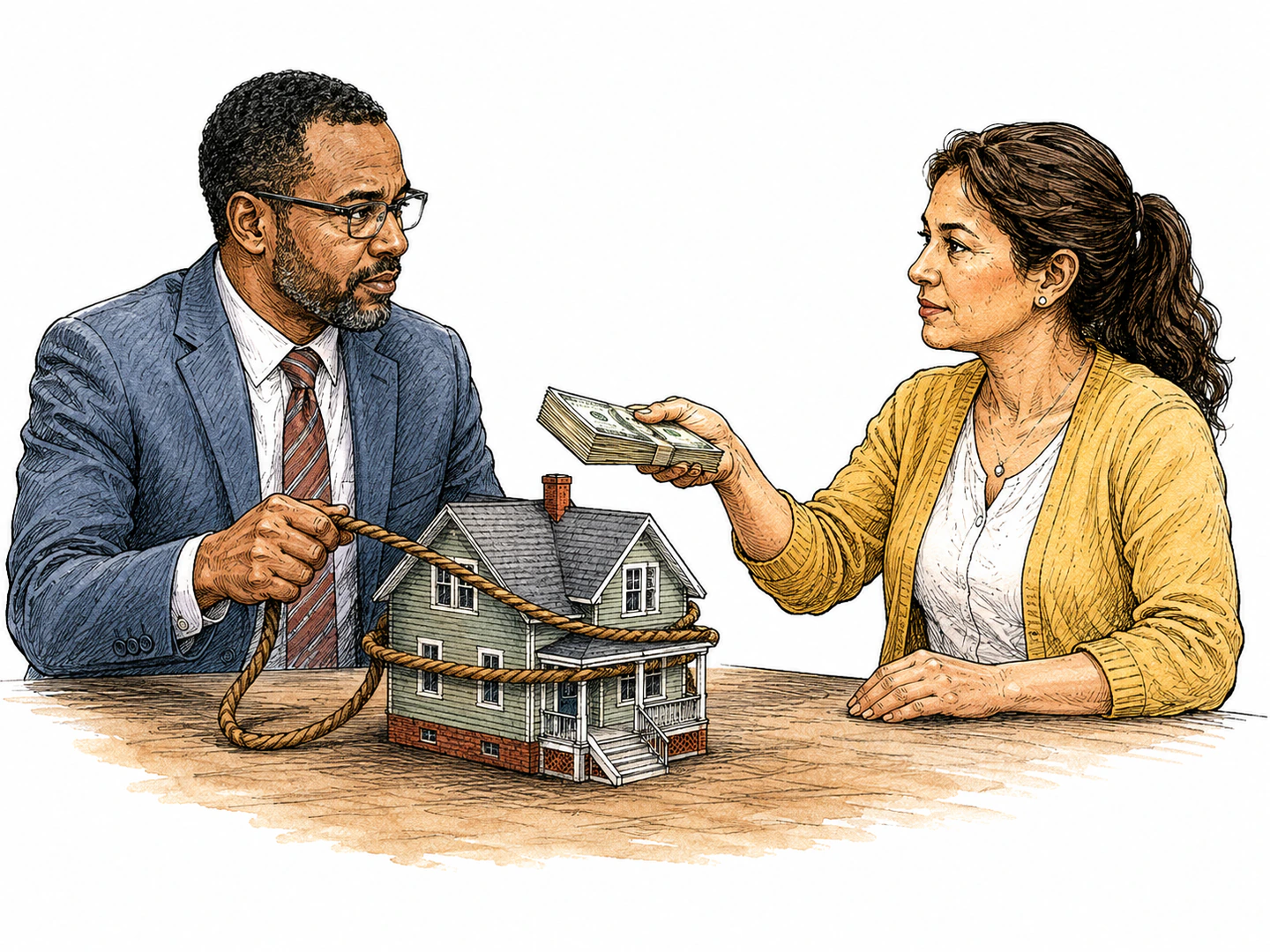 A lender holds a binding cord attached to a house model while the owner offers payment to release the property from the debt claim.