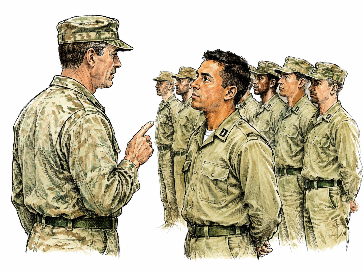 A uniformed officer stands directly below a captain in a command lineup and receives instructions to lead the unit next.