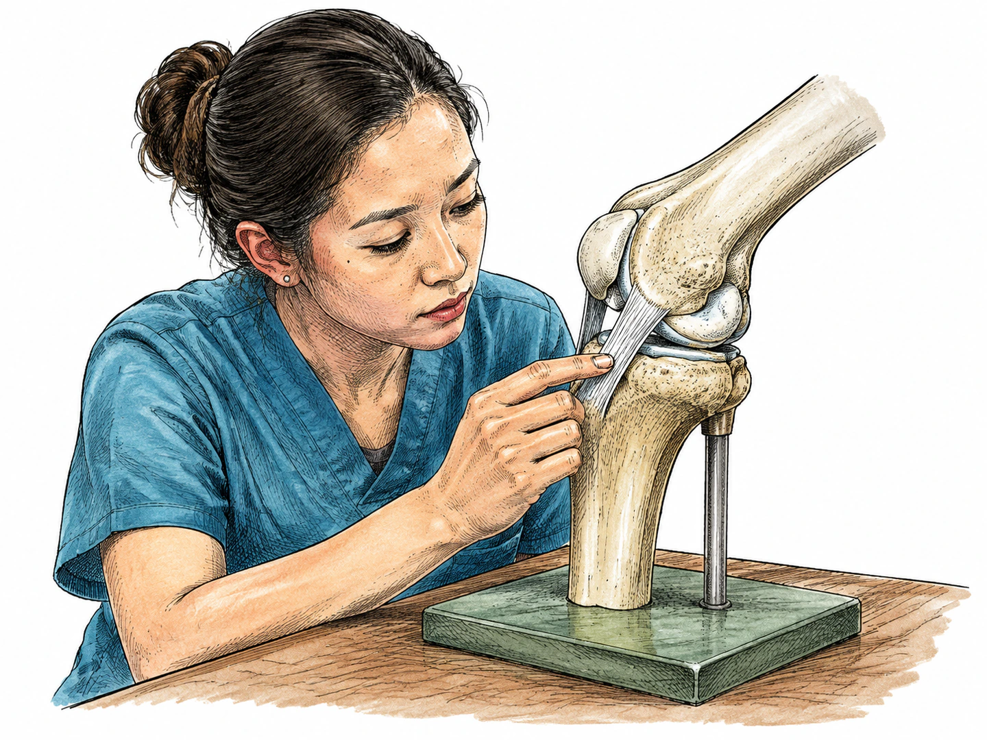 At a medical model table, a tough pale band stretches between two bones at a bent knee joint, visibly holding the joint together.
