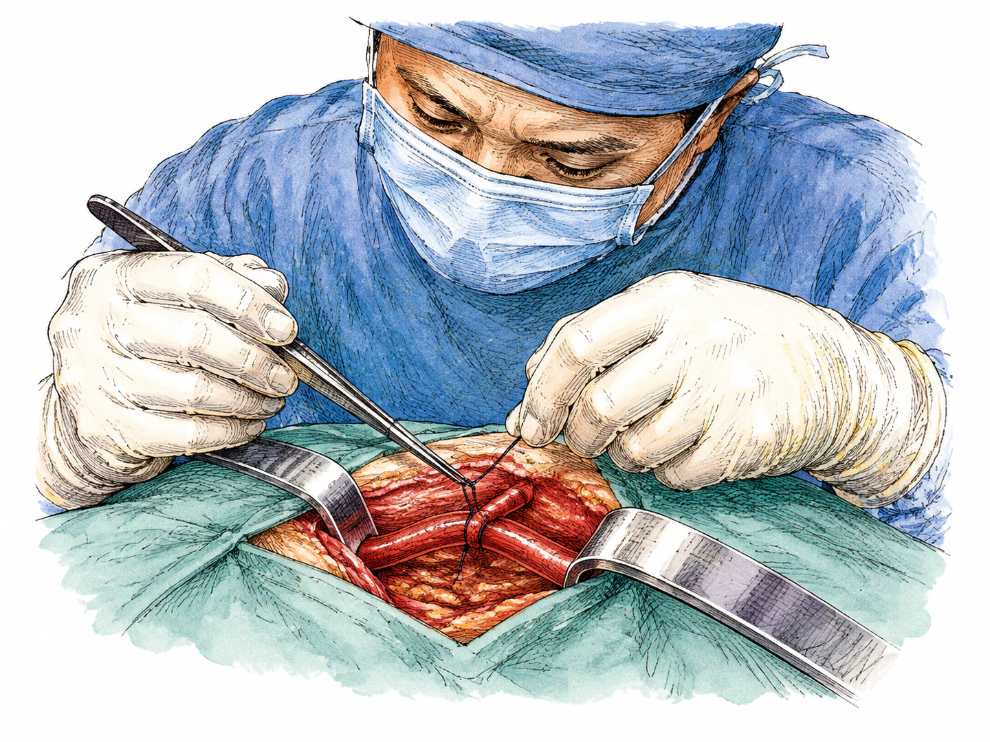 A surgeon ties a small vessel with thread during an operation, visibly closing the tube to stop fluid from passing through it.