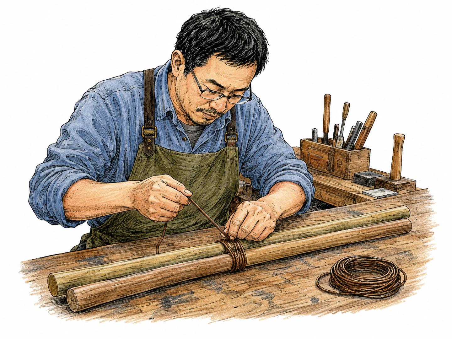 In a workshop, a craftsperson wraps a thin cord tightly around two bundled rods and knots it so the pieces stay bound together.