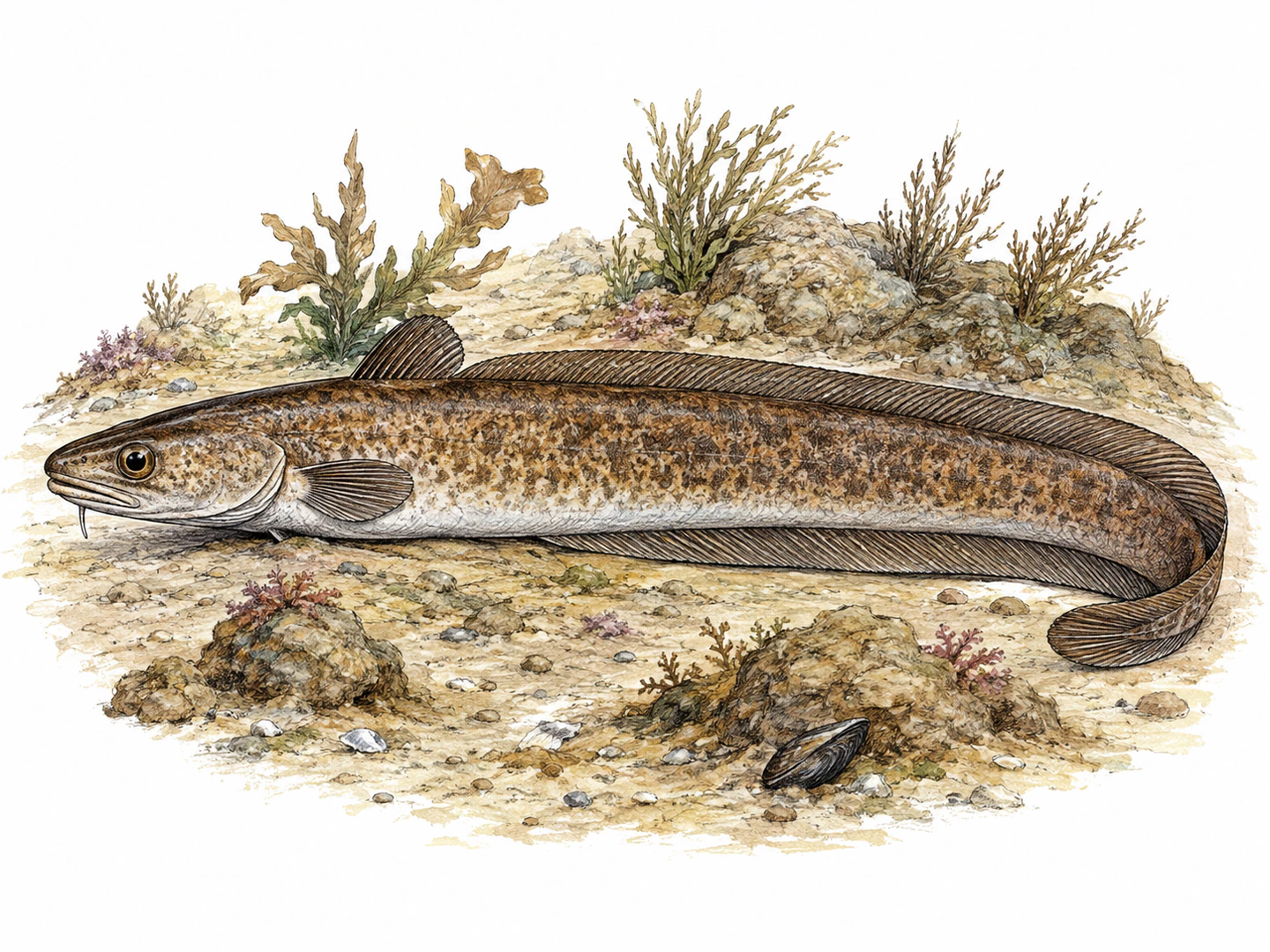 A single common ling fish, Molva molva, shown in clear side profile on pale seabed. Extremely long slender eel-like brown mottled body, pale belly, small head with ONE chin barbel. Exactly TWO dorsal fins: a short rounded first dorsal behind the head and a second VERY LONG low continuous dorsal fin extending almost to the tail; one long anal fin below. Rounded tail. No cod-like three separate dorsal fins. No fishing gear, diagrams or labels.