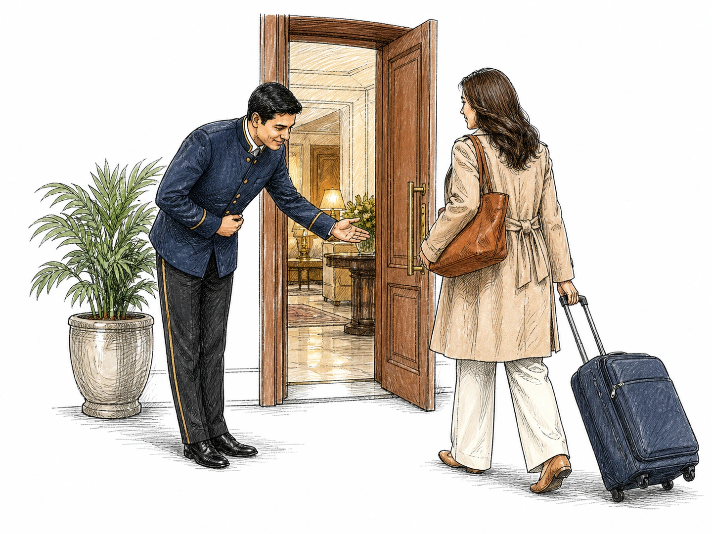 A hotel attendant bows politely toward an arriving woman and offers his hand to guide her through the doorway.