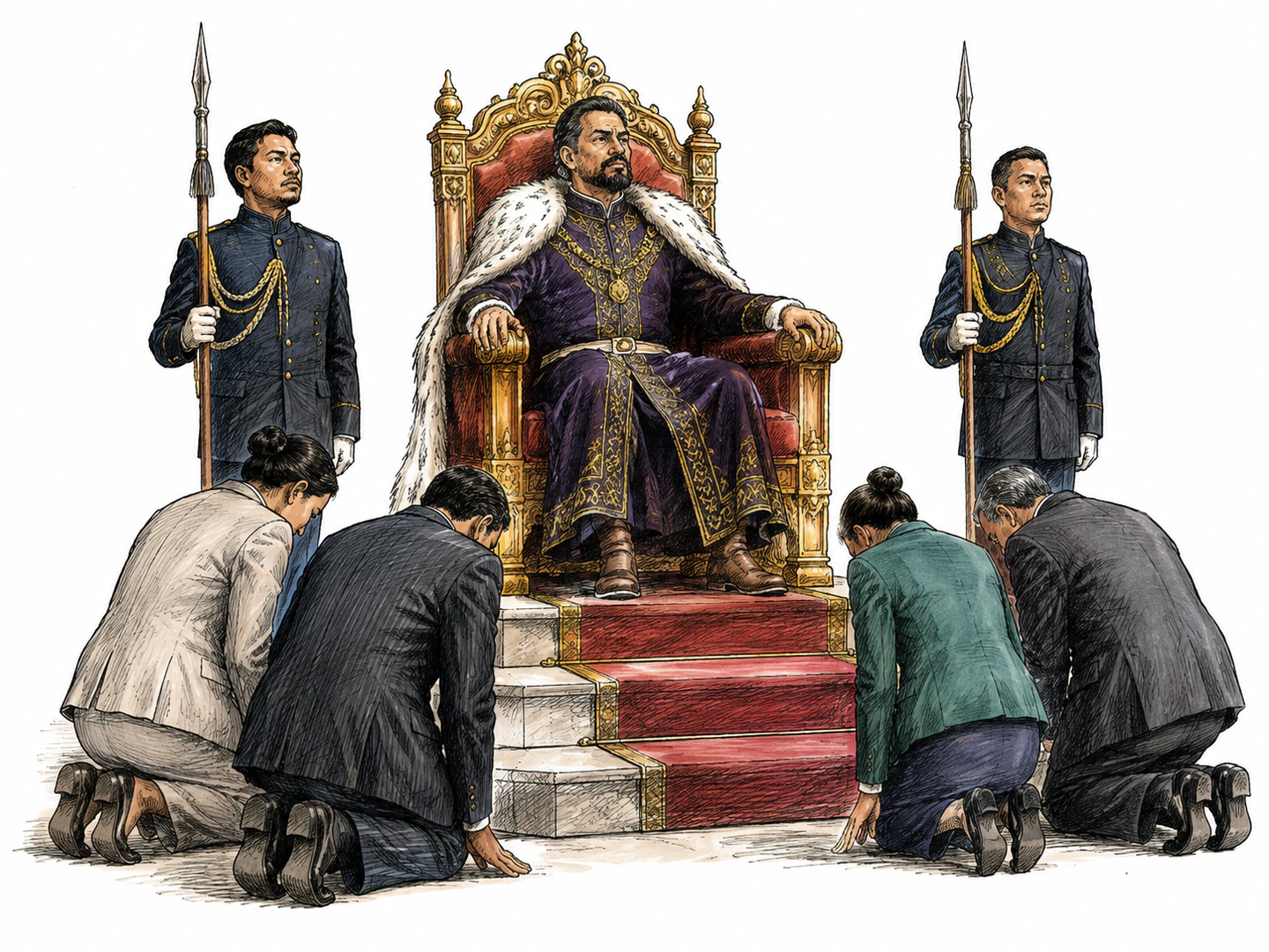 A ruler sits upright on a throne while courtiers bow and guards hold the room still with formal respect.