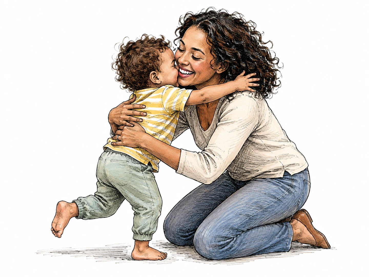 A toddler runs with open arms toward their smiling mother, pressing their face affectionately against her as she kneels to embrace them.