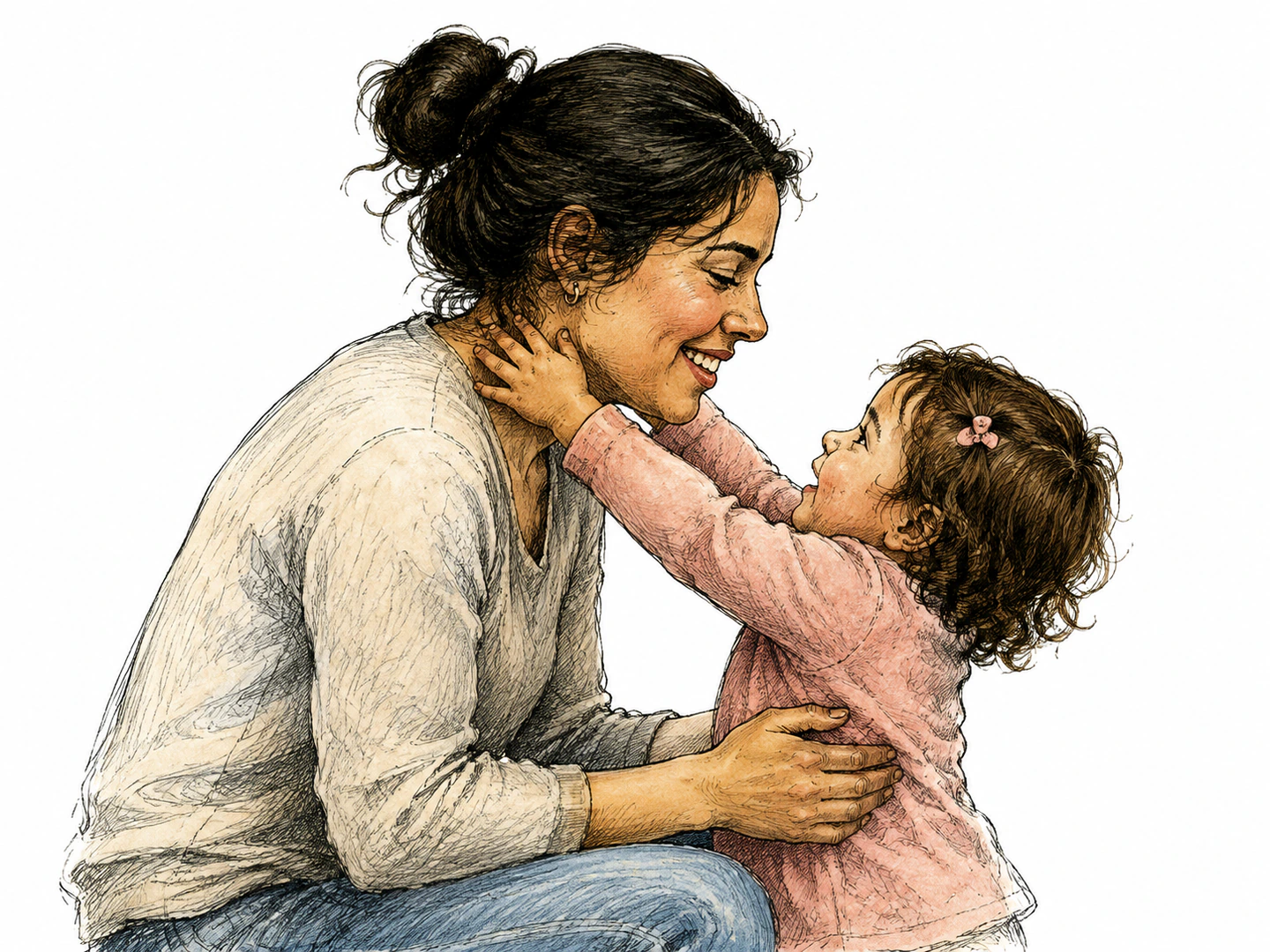 A small child reaches up warmly toward their mother, using an intimate family gesture to show the informal mother meaning.