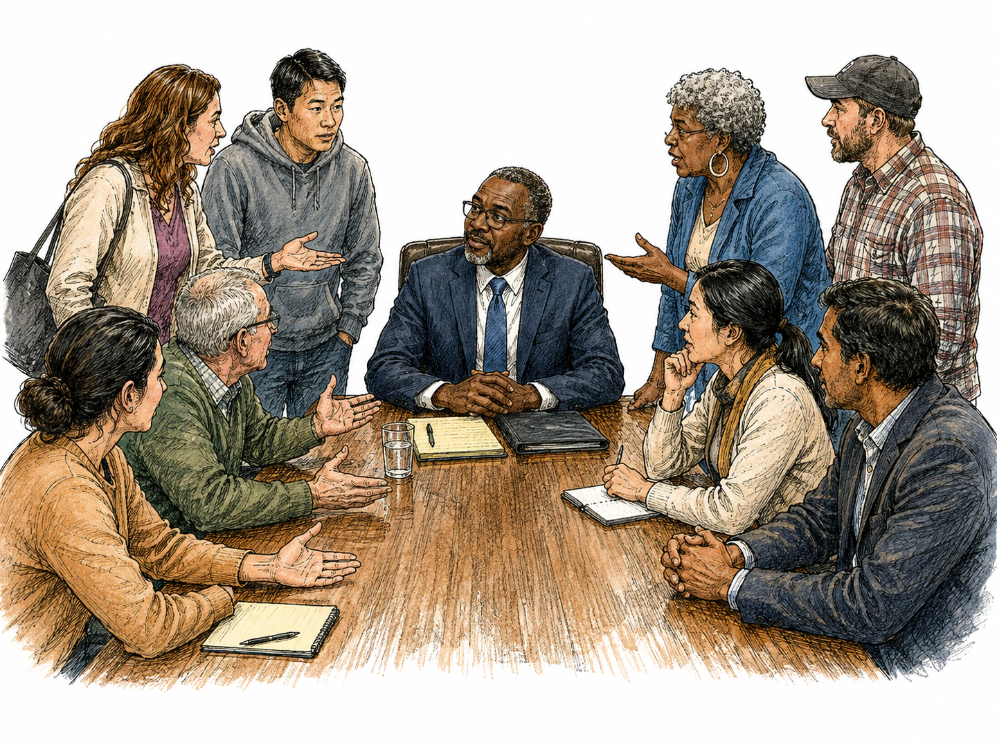 An elected city leader sits at the head of a council table while residents and officials direct their requests toward that person.