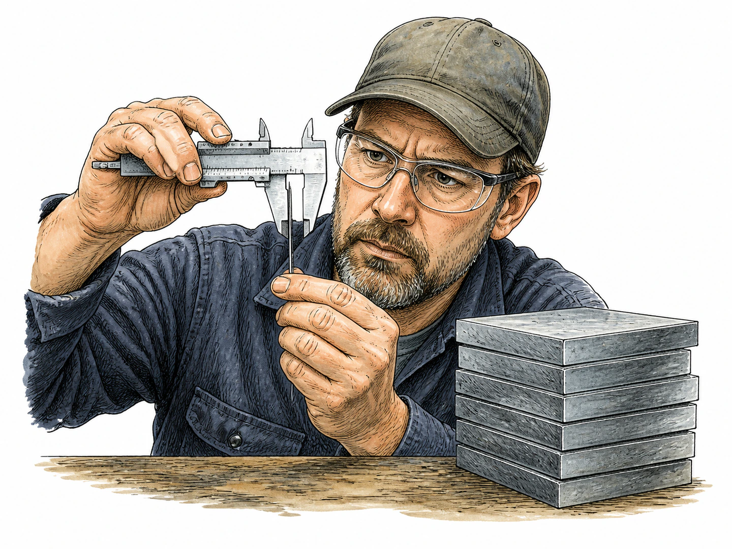 A machinist holds an almost impossibly thin metal shim between caliper jaws beside a stack of much thicker inch-wide samples.