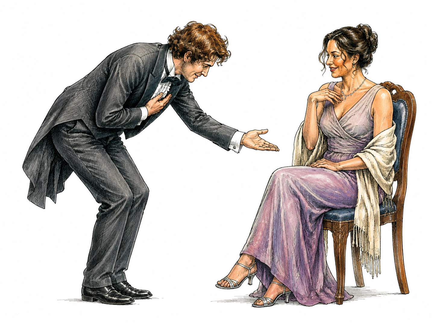 A stage actor bows deeply and extends a hand toward a woman with exaggerated courtesy, addressing her as a lady in a theatrical manner.