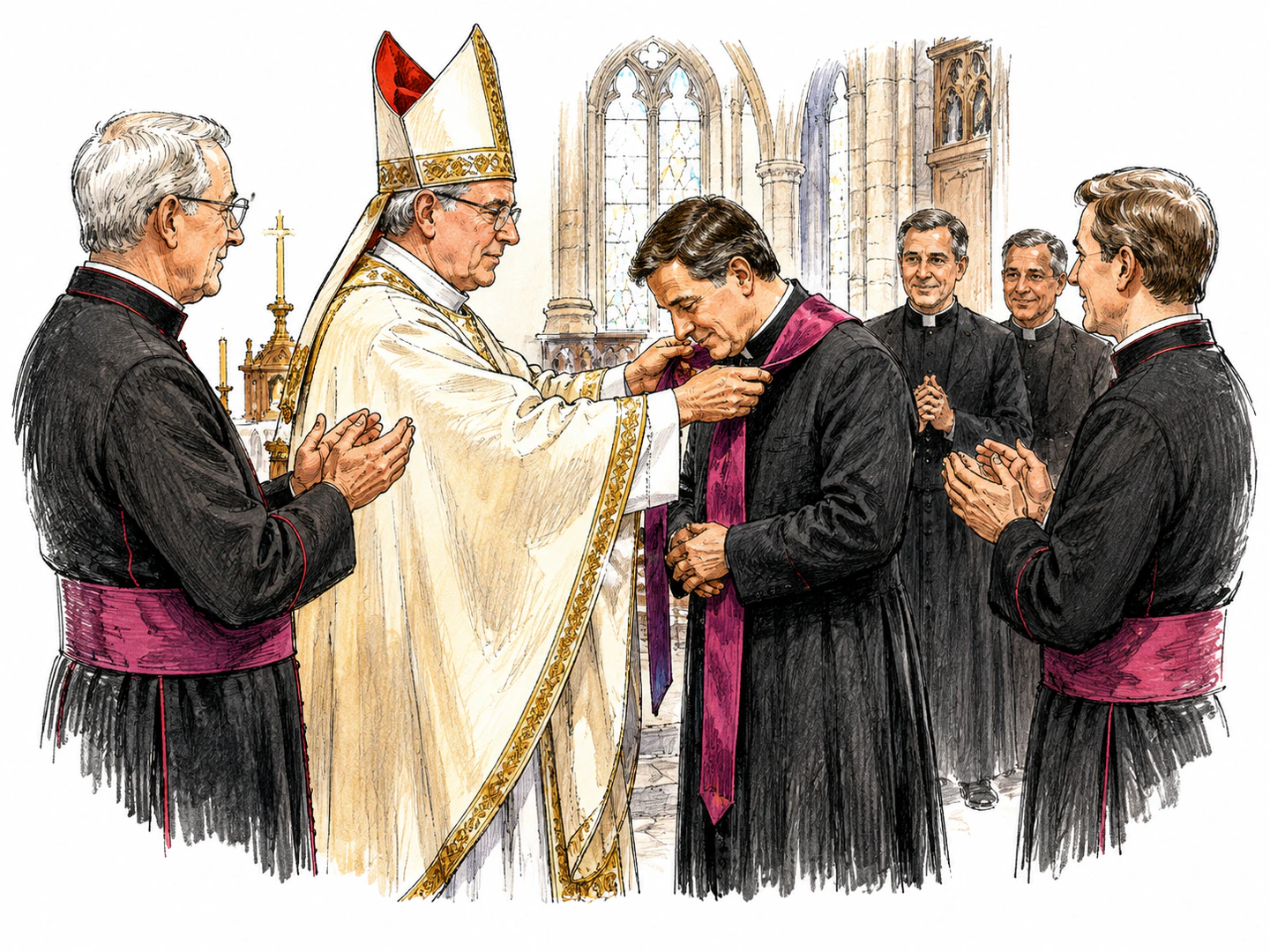 In a Catholic church, a bishop honors a priest in clerical dress while other clergy treat him with special formal respect.