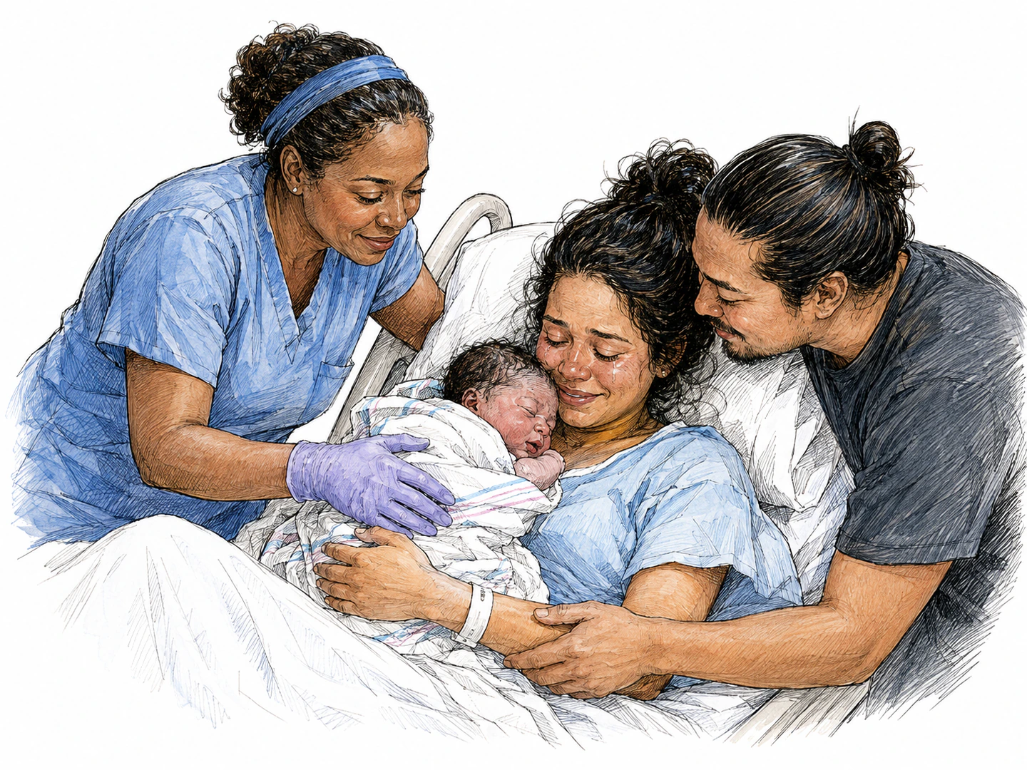 In a delivery room, a nurse gently settles a newborn into an exhausted but joyful parent’s arms while another parent leans close.