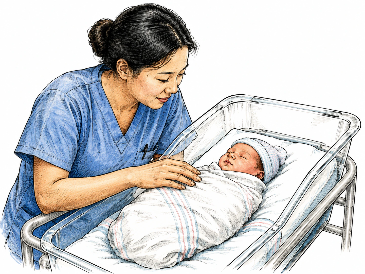A nurse gently checks a healthy swaddled newborn in a hospital bassinet. The baby wears a little cotton hat and is completely wrapped in a blanket. Tender routine newborn care, no exposed abdomen or procedure.