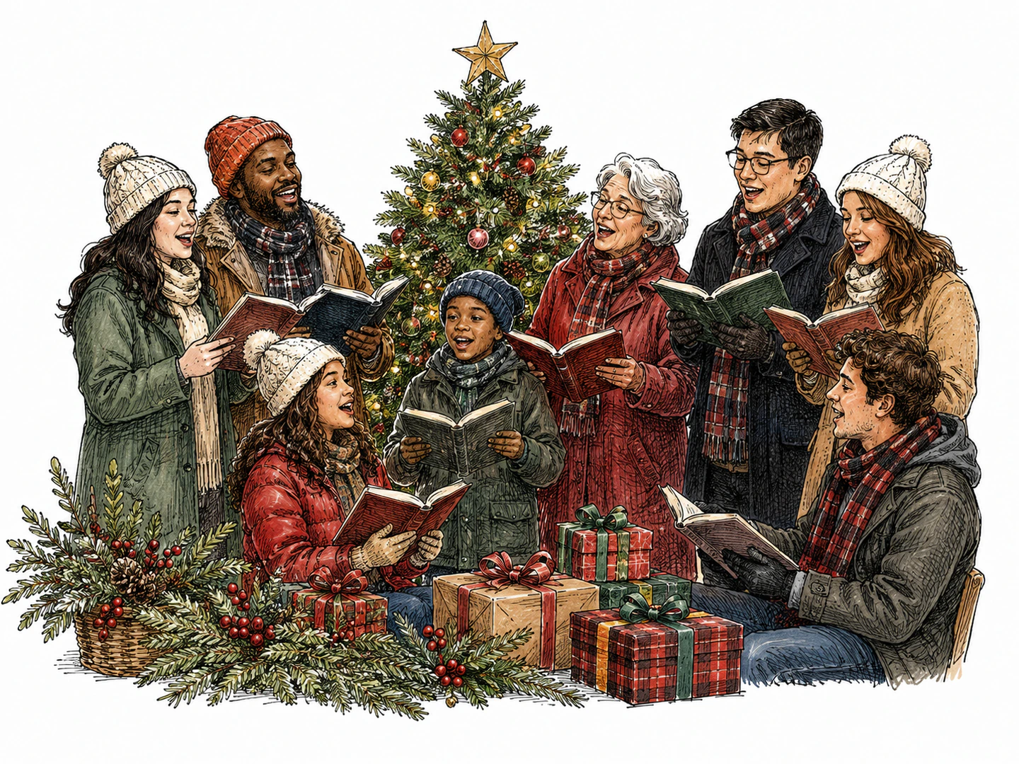 A group sings together around a decorated Christmas tree while wrapped gifts and winter greenery show the song belongs to the Christmas season.