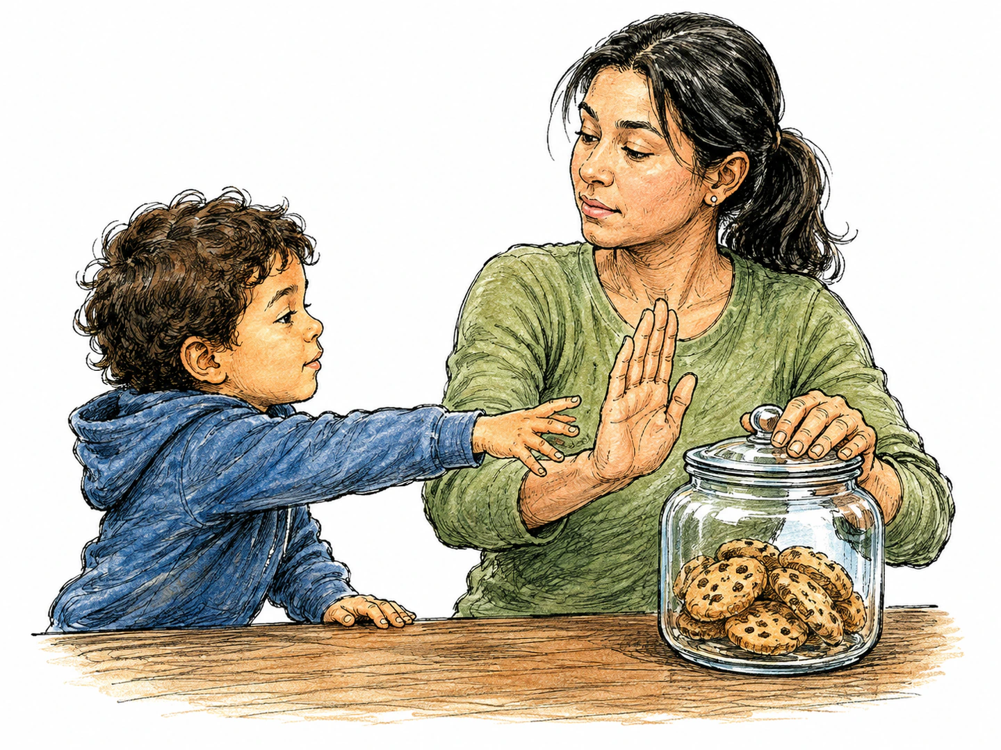 A child reaches toward a cookie jar while a caregiver gently blocks the hand, shakes her head, and keeps the jar closed, making the negative response visible without words.