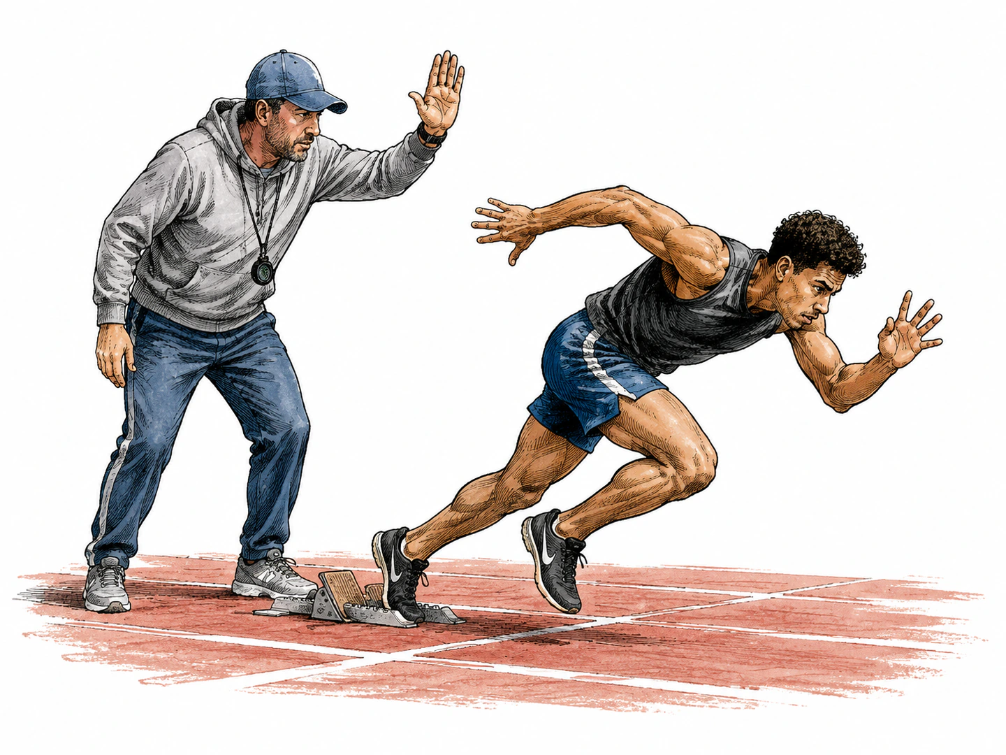 A runner lunges from the starting line at the exact moment a coach drops a raised hand, showing action happening at the present moment.