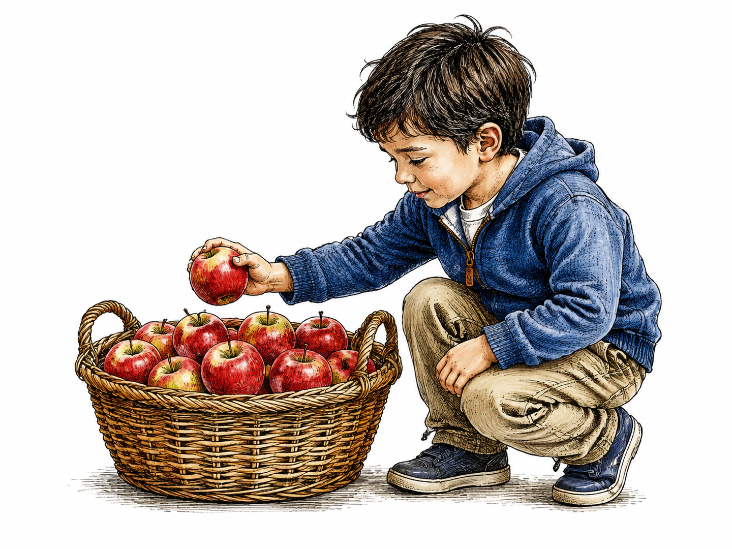 A child selects a single apple from a basket while all the other apples remain untouched behind it.