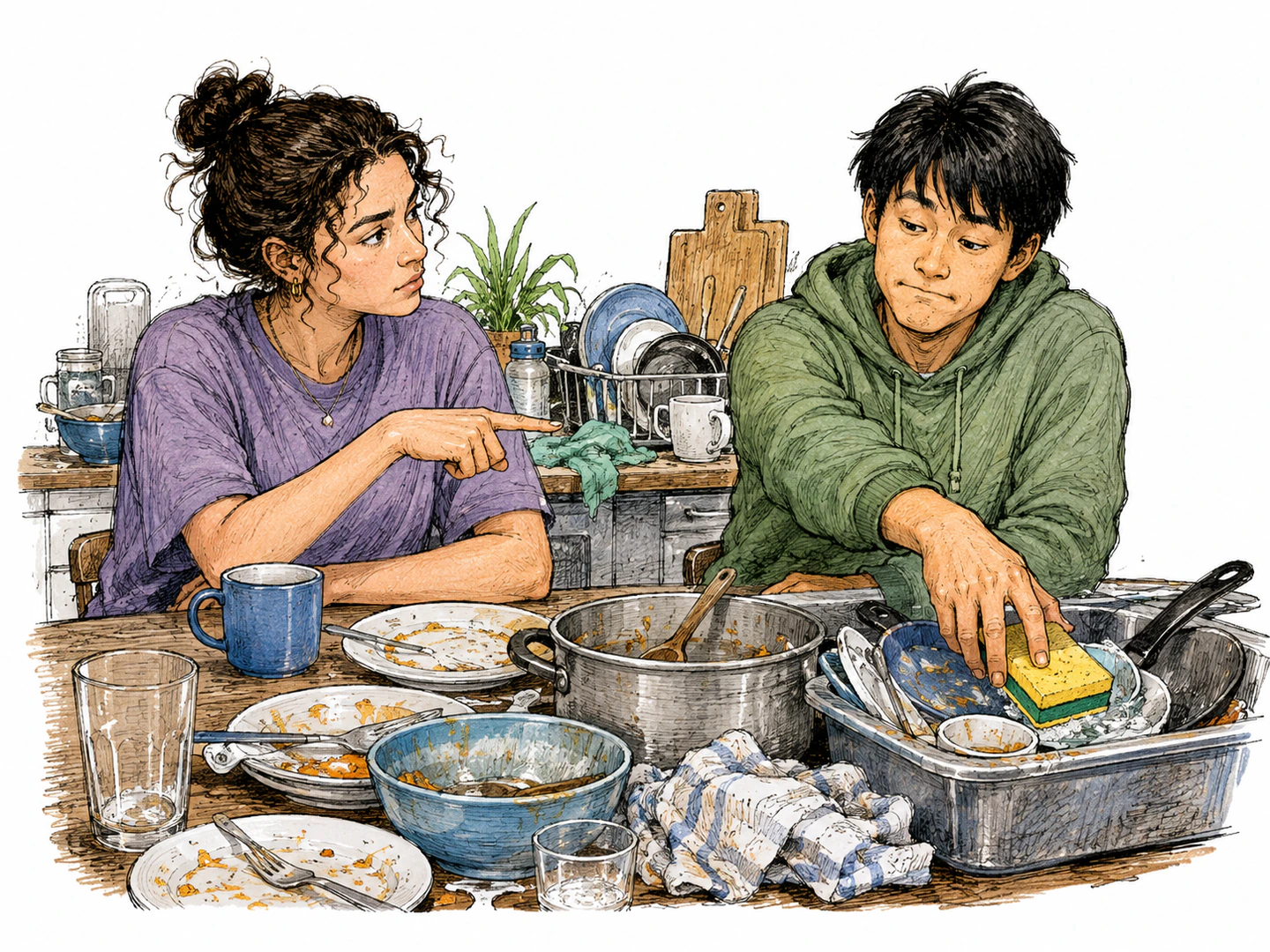 At a messy shared kitchen table, one roommate points to the dirty dishes while another reluctantly reaches for a sponge, showing an expected duty being accepted.