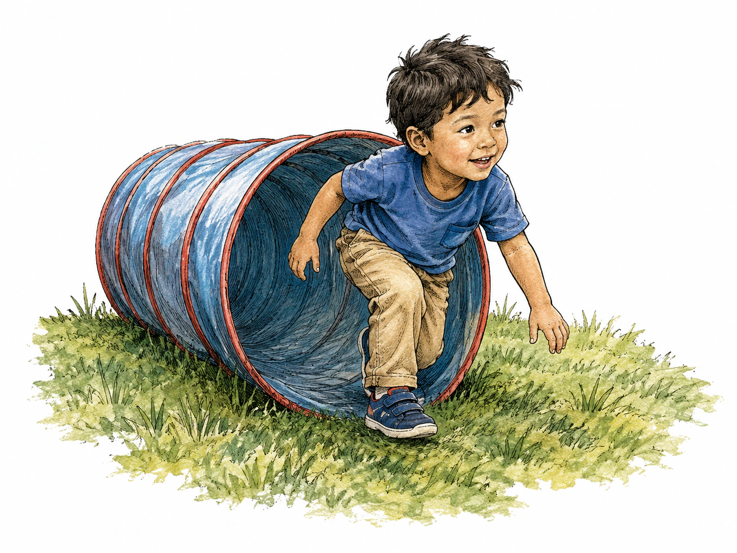 A child steps away from the center of a play tunnel and emerges from inside it into the open yard.