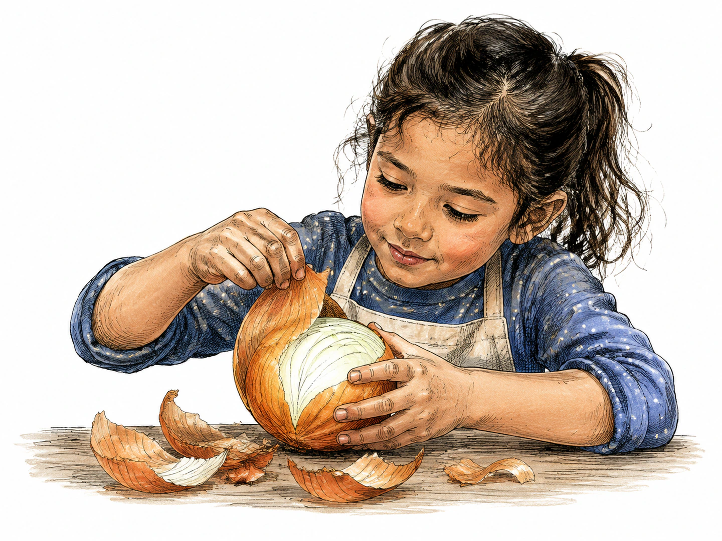 A child peels the outside layer from an onion while the intact inner layers remain nested inside it.